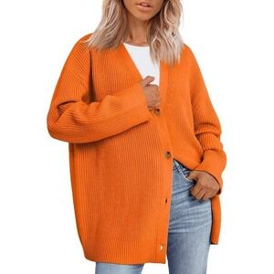 BTFBM Womens Orange V Neck Button Down Knit Cardigan Sweater Size Small
